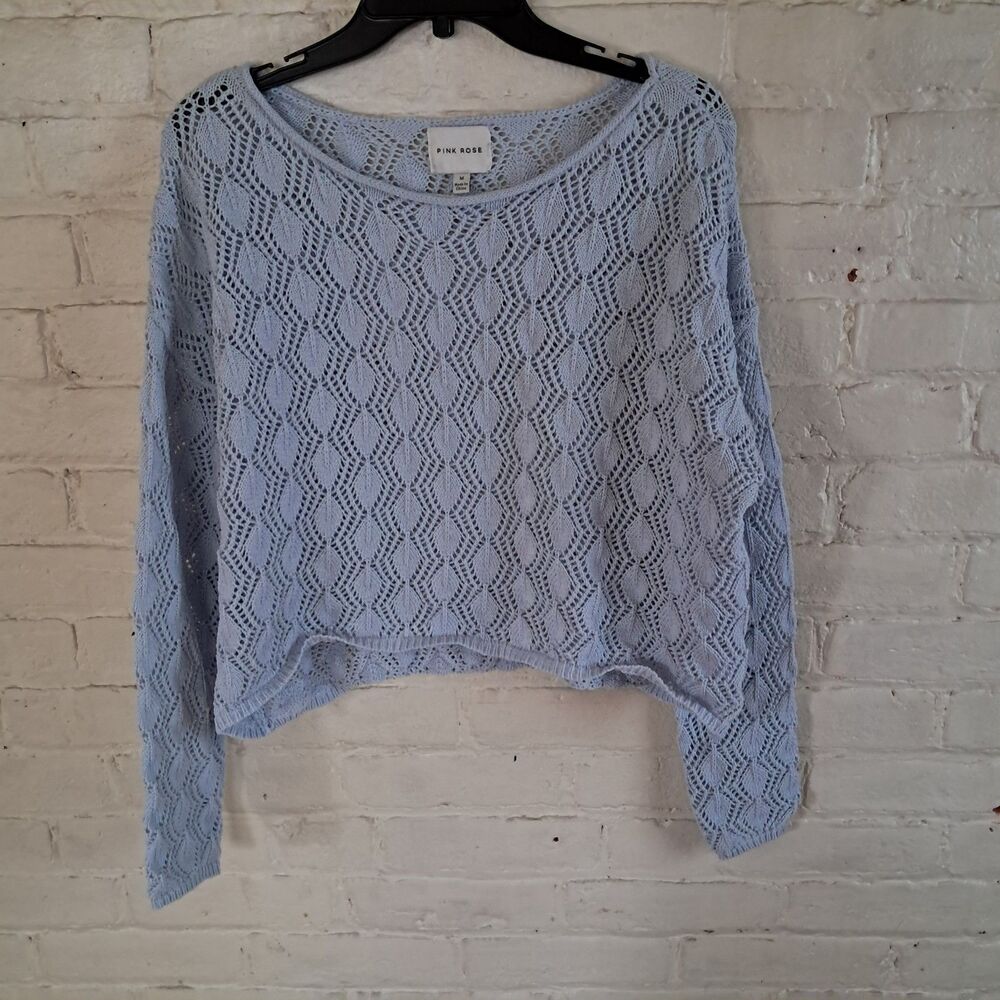 Womens M light blue open-knit pointelle sweater wide scoop neckline Crochet
